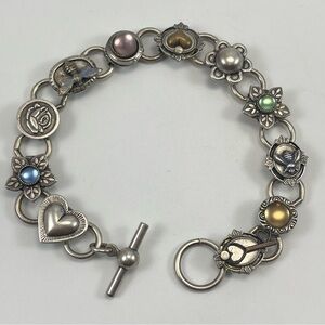 Silver Tone Chain Bracelet Rhinestones Charm Boho Toggle Clasp Cute Classic